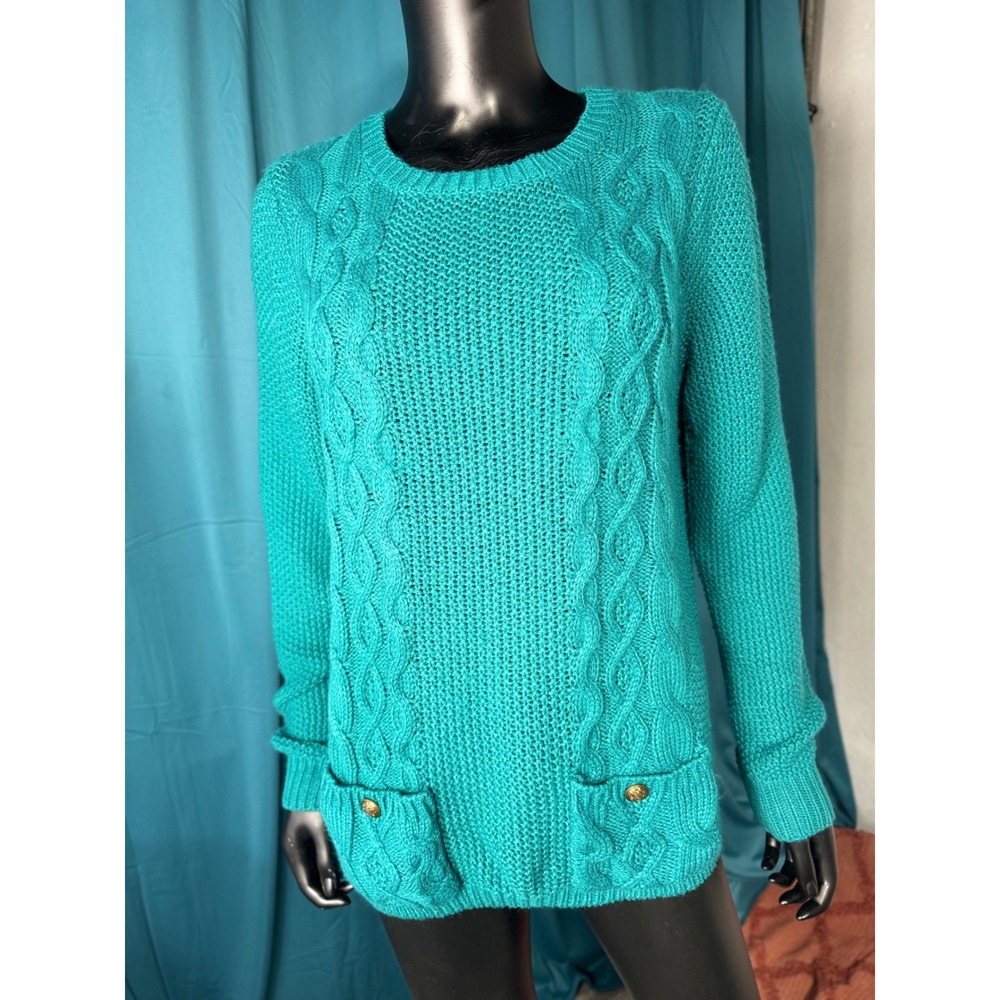Laura Scott‎ Teal Cable Knit Sweater Pockets Gold Buttons L